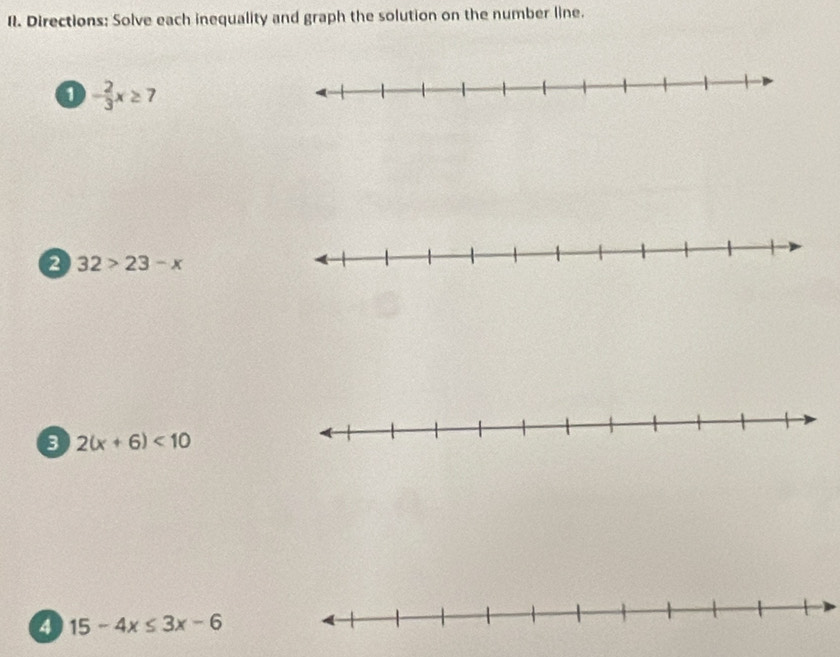 Directions: Solve each inequality and graph the solution on the number line. 
1 - 2/3 x≥ 7
2 32>23-x
3 2(x+6)<10</tex> 
4 15-4x≤ 3x-6