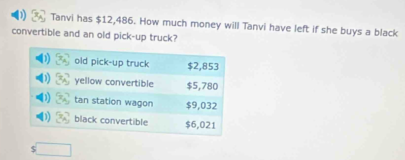 Tanvi has $12,486. How much money will Tanvi have left if she buys a black 
convertible and an old pick-up truck?