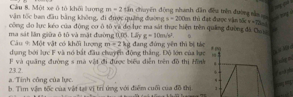 trong quả 
Câu 8. Một xe ô tô khối lượng m=2 tấn chuyến động nhanh dân đều trên đường nằm na 
vận tốc ban đầu bằng không, đi được quãng đường s=200m thì đạt được vận tốc v=72km c yen trong u 
công do lực kéo của động cơ ô tô và do lực ma sát thực hiện trên quãng đường đó, Cho b 
ma sát lăn giữa ô tô và mặt đường 0,05. Lấy g=10m/s^2. 
Câu 9: Một vật có khối lượng m=2kg đang đứng yên thì bị tác
F(N)
t d 
dụng bởi lực F và nó bắt đầu chuyển động thắng. Độ lớn của lực 10 
Chu 4:M_0
F và quãng đường s mà vật đi được biểu diễn trên đồ thị Hình 8 
lu xống mộ 
23.2. 
6 
# so với phụ 
a. Tính công của lực. 4
b. Tìm vận tốc của vật tại vị trí ứng với điểm cuối của đồ thị. 2 
j wong song .