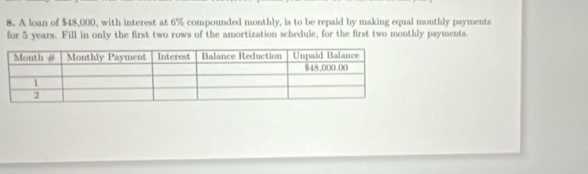 A loan of $48,000, with interest at 6% compounded monthly, is to be repaid by making equal monthly psyments 
for 5 years. Fill in only the first two rows of the amortization schedule, for the first two monthly payments.