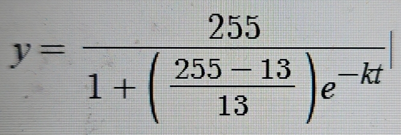 y=frac 2551+( (255-13)/13 )e^(-kt)|