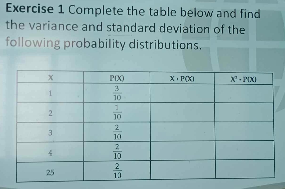 Complete the table below and find
the variance and standard deviation of the
following probability distributions.