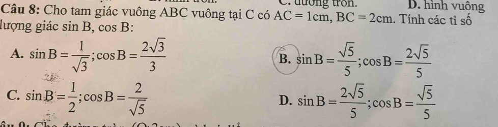 dưong tron. D. hình vuông
Câu 8: Cho tam giác vuông ABC vuông tại C có AC=1cm, BC=2cm. Tính các tỉ số
lượng giác sin B, cos B :
A. sin B= 1/sqrt(3) ; cos B= 2sqrt(3)/3 
B. sin B= sqrt(5)/5 ; cos B= 2sqrt(5)/5 
C. sin B= 1/2 ; cos B= 2/sqrt(5) 
D. sin B= 2sqrt(5)/5 ; cos B= sqrt(5)/5 