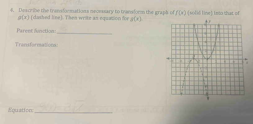 Describe the transformations necessary to transform the graph of f(x) (solid line) into that of
g(x) (dashed line). Then write an equation for g(x). 
Parent function: 
_ 
Transformations: 
Equation:_