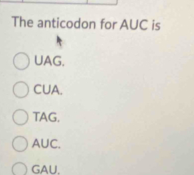 The anticodon for AUC is
UAG.
CUA.
TAG.
AUC.
GAU.