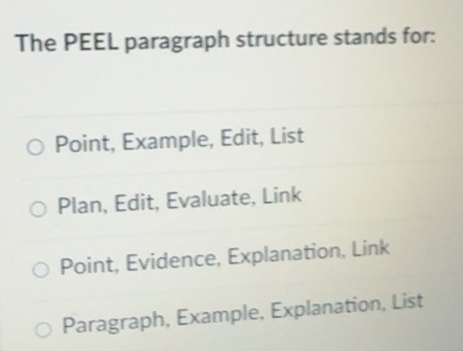 Solved: The PEEL paragraph structure stands for: Point, Example, Edit ...