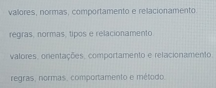 valores, normas, comportamento e relacionamento.
regras, normas, tipos e relacionamento.
valores, orientações, comportamento e relacionamento.
regras, normas, comportamento e método.