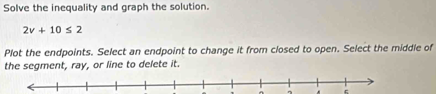Solve the inequality and graph the solution.
2v+10≤ 2
Plot the endpoints. Select an endpoint to change it from closed to open. Select the middle of 
the segment, ray, or line to delete it. 
^ 。