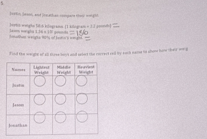 Justin, Jason, and Jonathan compare their weight. 
Justin weighs 58.6 kilograms. (1 kilogram =2.2 pound 5)
Jason weighs 1.36* 10^2 pounds. 
Jonathan weighs 90% of Justin's weight. 
Find the weight of all three boys and select the correct cell by each name to show how their weig