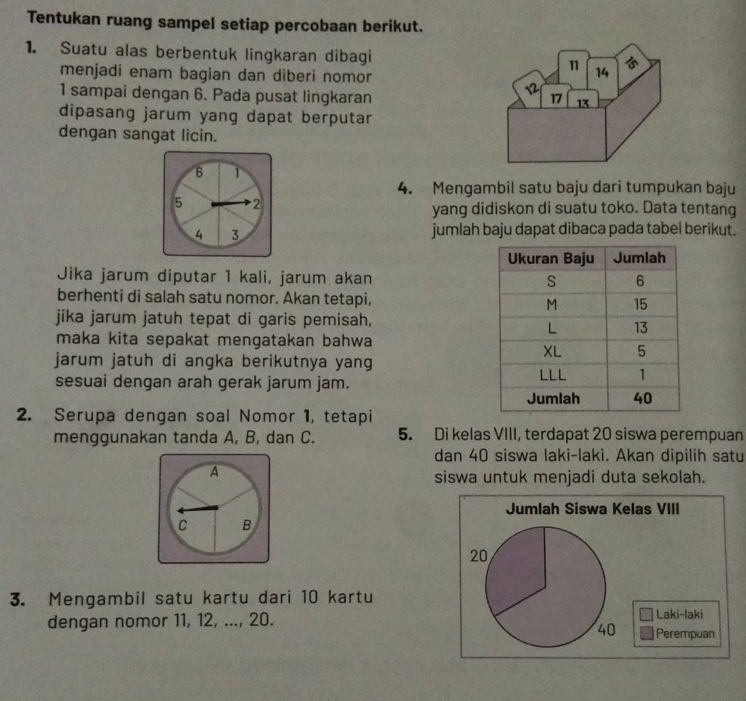 Tentukan ruang sampel setiap percobaan berikut. 
1. Suatu alas berbentuk lingkaran dibagi 1 14
menjadi enam bagian dan diberi nomor
1 sampai dengan 6. Pada pusat lingkaran 17 13
dipasang jarum yang dapat berputar 
dengan sangat licin.
6 1
4. Mengambil satu baju dari tumpukan baju
5 2
yang didiskon di suatu toko. Data tentang
4 3
jumlah baju dapat dibaca pada tabel berikut. 
Jika jarum diputar 1 kali, jarum akan 
berhenti di salah satu nomor. Akan tetapi, 
jika jarum jatuh tepat di garis pemisah, 
maka kita sepakat mengatakan bahwa 
jarum jatuh di angka berikutnya yang 
sesuai dengan arah gerak jarum jam. 
2. Serupa dengan soal Nomor 1, tetapi 
menggunakan tanda A, B, dan C. 5. Di kelas VIII, terdapat 20 siswa perempuan 
dan 40 siswa laki-laki. Akan dipilih satu 
A 
siswa untuk menjadi duta sekolah. 
Jumlah Siswa Kelas VIII 
C B
20
3. Mengambil satu kartu dari 10 kartu 
dengan nomor 11, 12, ..., 20. 
Laki-laki
40 Perempuan