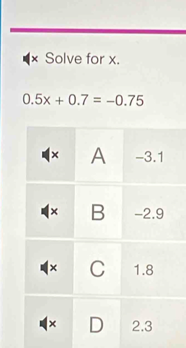 Solve for x.
0.5x+0.7=-0.75