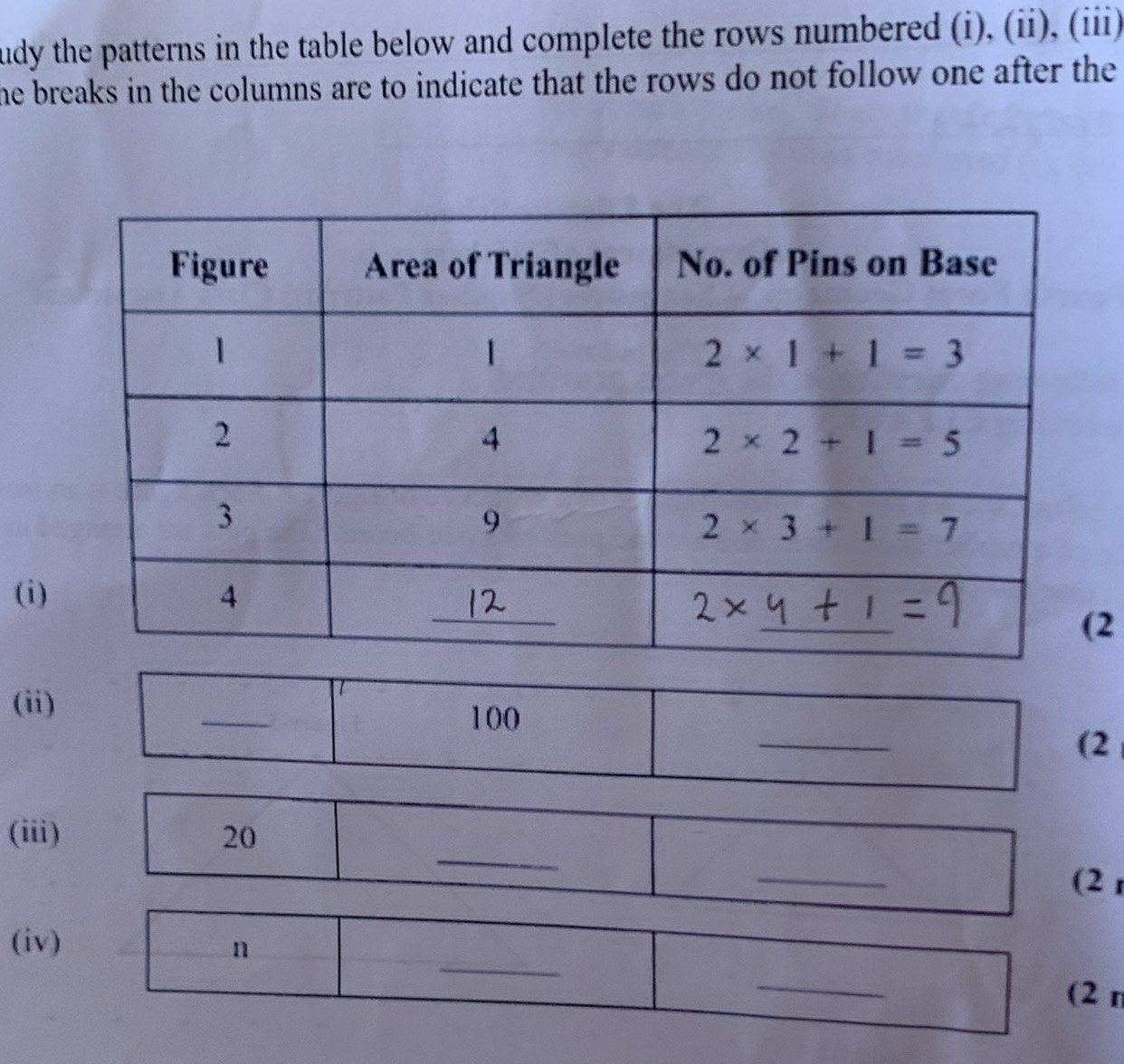 udy the patterns in the table below and complete the rows numbered (i), (ii), (iii)
he breaks in the columns are to indicate that the rows do not follow one after the 
(i)
2
_
(ii)
_
100
(2
_
_
(iii) 20
(2 r
_
_
(iv) n
(2 n