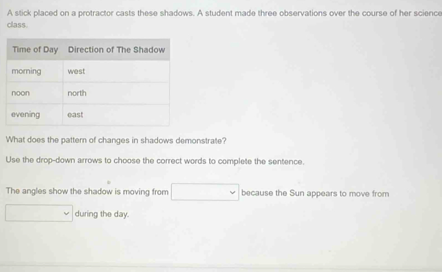 A stick placed on a protractor casts these shadows. A student made three observations over the course of her science 
class. 
What does the pattern of changes in shadows demonstrate? 
Use the drop-down arrows to choose the correct words to complete the sentence. 
The angles show the shadow is moving from because the Sun appears to move from 
during the day.