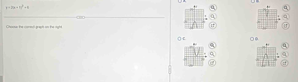 A B.
y=2(x+1)^2+6
y
7
Choose the correct graph on the right.
z
C.
D.