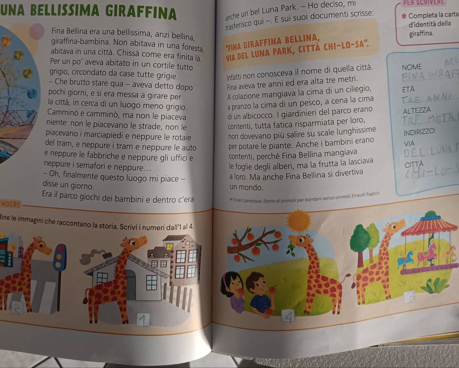 UNA BELLISSIMA GIRAFFINA
anche un bel Luna Park. - Ho deciso, mi
Per scrivère
trasferisco qui -. E sui suoi documenti scrisse:
Completa la carta
d'identità della
Fina Bellina era una bellissima, anzi bellina,
giraffina-bambina. Non abitava in una foresta, "FINA GIRAFFINA BELLINA,
giraffina.
abitava in una città. Chissà come era finita là. VIA DEL LUNA PARK, CITTà CHI-LO-SA"
Per un po’ aveva abitato in un cortile tutto
grigio, circondato da case tutte grigie. Infatti non conosceva il nome di quella città. NOME
- Che brutto stare qua - aveva detto dopo Fina aveva tre anni ed era alta tre metri.
pochi giorni, e si era messa a girare per A colazione mangiava la cima di un ciliegio, ETA
la città, in cerca di un luogo meno grigio. a pranzo la cima di un pesco, a cena la cima
Camminò e camminò, ma non le piaceva di un albicocco. I giardinieri del parco erano ALTEZZA
niente: non le piacevano le strade, non le contenti, tutta fatica risparmiata per loro,
piacevano i marciapiedi e neppure le rotaie
non dovevano più salire su scale lunghissime
INDIRIZZO:
del tram, e neppure i tram e neppure le auto per potare le piante. Anche i bambini erano ⅥIA
e neppure le fabbriche e neppure gli uffici e contenti, perché Fina Bellina mangiava
neppure i semafori e neppure...
le foglie degli alberi, ma la frutta la lasciava
CITTA
- Oh, finalmente questo luogo mi piace -
a loro. Ma anche Fina Bellina si divertiva
disse un giorno.
un mondo.
Era il parco giochi dei bambini e dentro c’era
•Vivian Lamarque, Storie di ɑnimali per bambini senza ɑnimali, Einaudi Ragazzi
NDERE
dine le immagini che raccontano la storia. Scrivi i numeri dall'1 al 4.