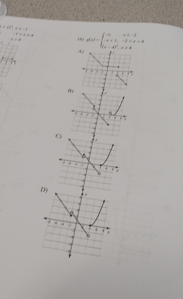 +1)^2, x=-1
-1 .
r=4 16) g(x)=beginarrayl -x,x≤slant -2 -x+1,-2
A) 
+ 

a 2 6 *
4
B y
4
6 4 2 4 B
2
C) y
a
4
2 6 8
4 。