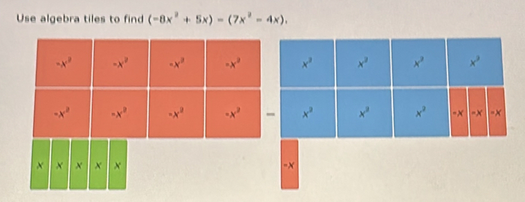 Use algebra tiles to find (-8x^2+5x)-(7x^2-4x).
=x