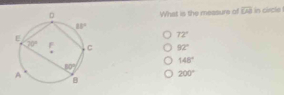 in circle 
What is the measure of overline LAB
72°
92°
148°
200°