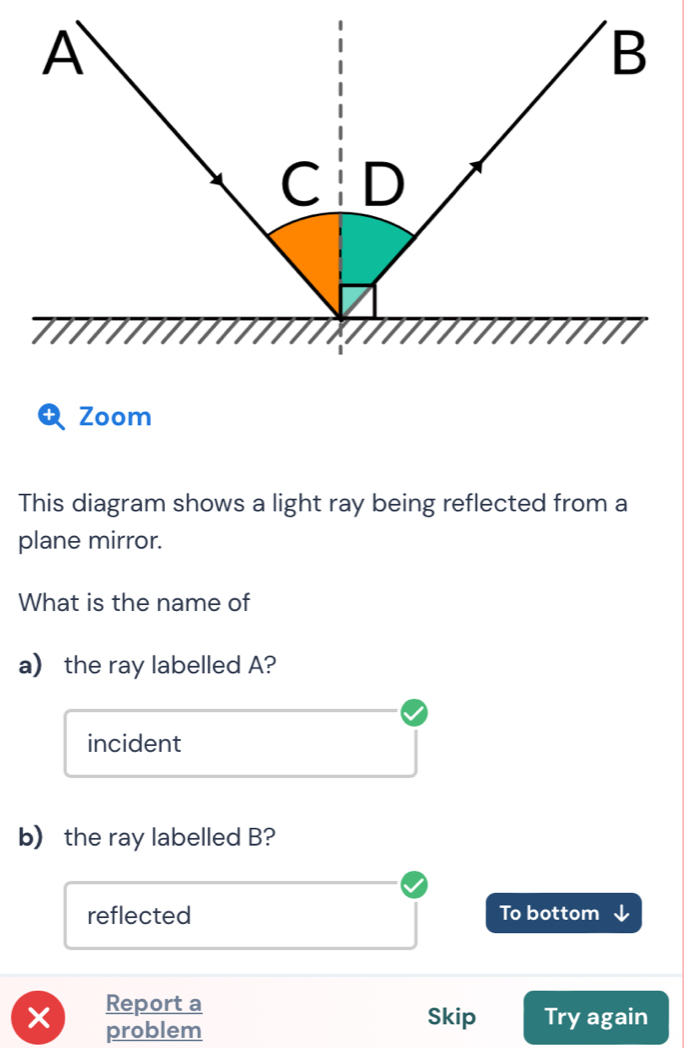 This diagram shows a light ray being reflected from a 
plane mirror. 
What is the name of 
a) the ray labelled A? 
incident 
b) the ray labelled B? 
reflected To bottom 
Report a Skip Try again 
× problem