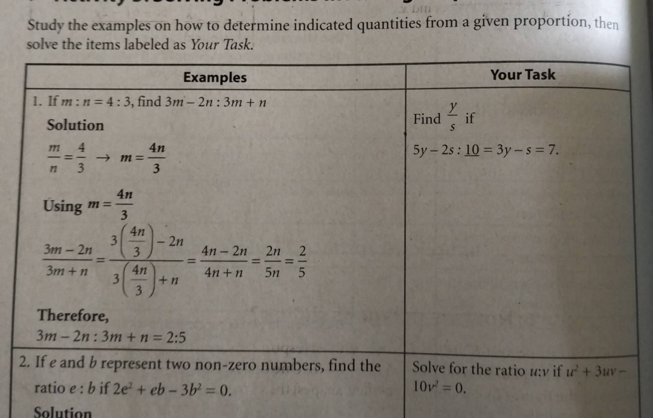 Study the examples on how to determine indicated quantities from a given proportion, then
solve the items labeled as Your Task.
Solution