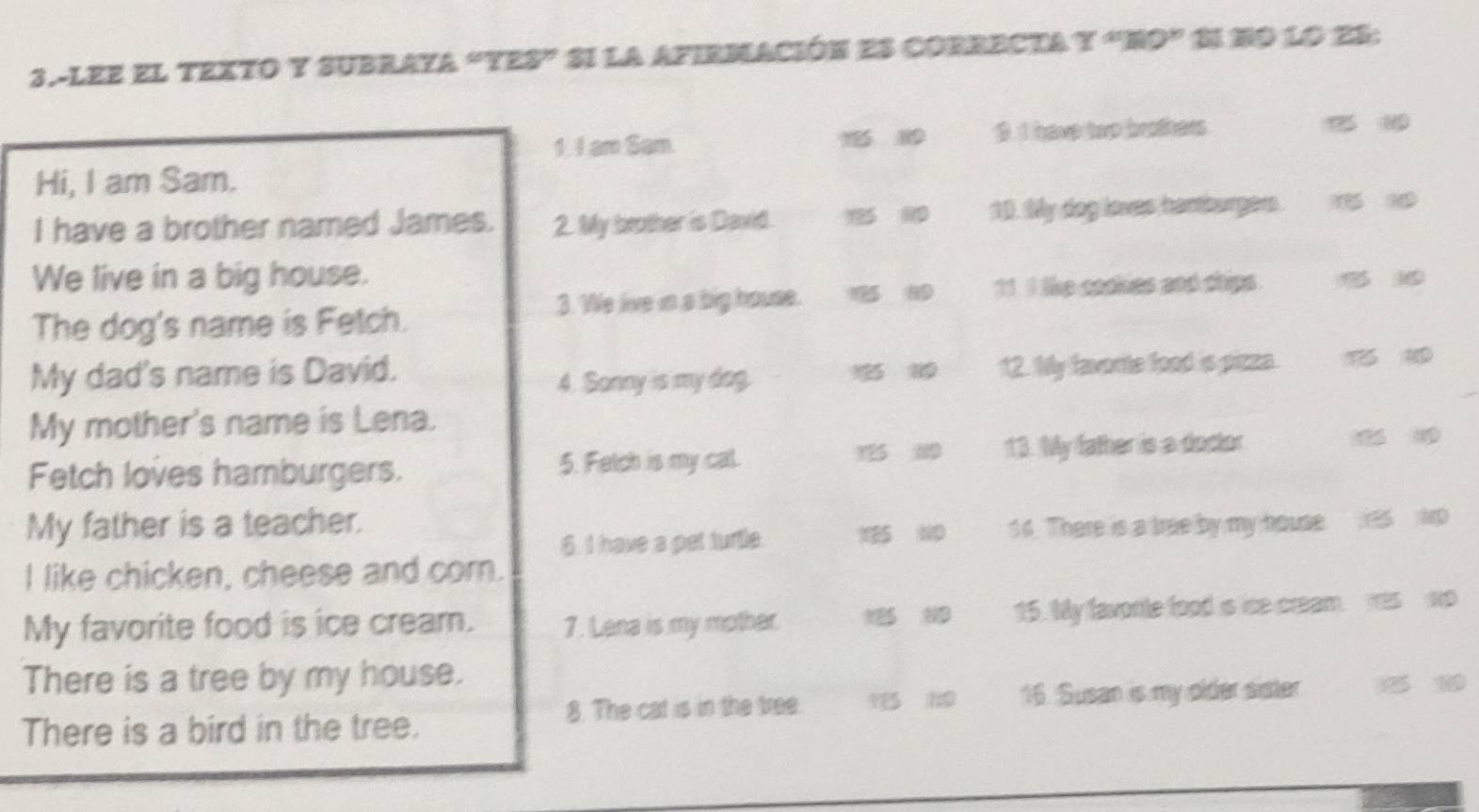 3.-LEE EL TEXTO Y SUBRAYA * SI la afirmación es correcta 
21 NO LO 2S: 
1. I am Sam. 9 I have twp brothers 
Hi, I am Sam. 
I have a brother named James. 2. My brother is David. 1. My dog loves hamburgers. 
We live in a big house. 
The dog's name is Fetch. 3. We live in a big house. 11 I like cookes and chips 
My dad's name is David. 12. My favorite food is pizza. 
4. Sonny is my dog. 
My mother's name is Lena. 
1 
Fetch loves hamburgers. 5. Felch is my cal. 13. My father is a doctor 
My father is a teacher. 
6. I have a pet turile. 185 10 14. There is a tree by my house rs wp 
I like chicken, cheese and com. 
My favorite food is ice cream. 7. Lana is my mother. 15. My favonte food is ice cream. res p 
There is a tree by my house. 
There is a bird in the tree. 8. The cat is in the tree. 16. Susan is my older sister