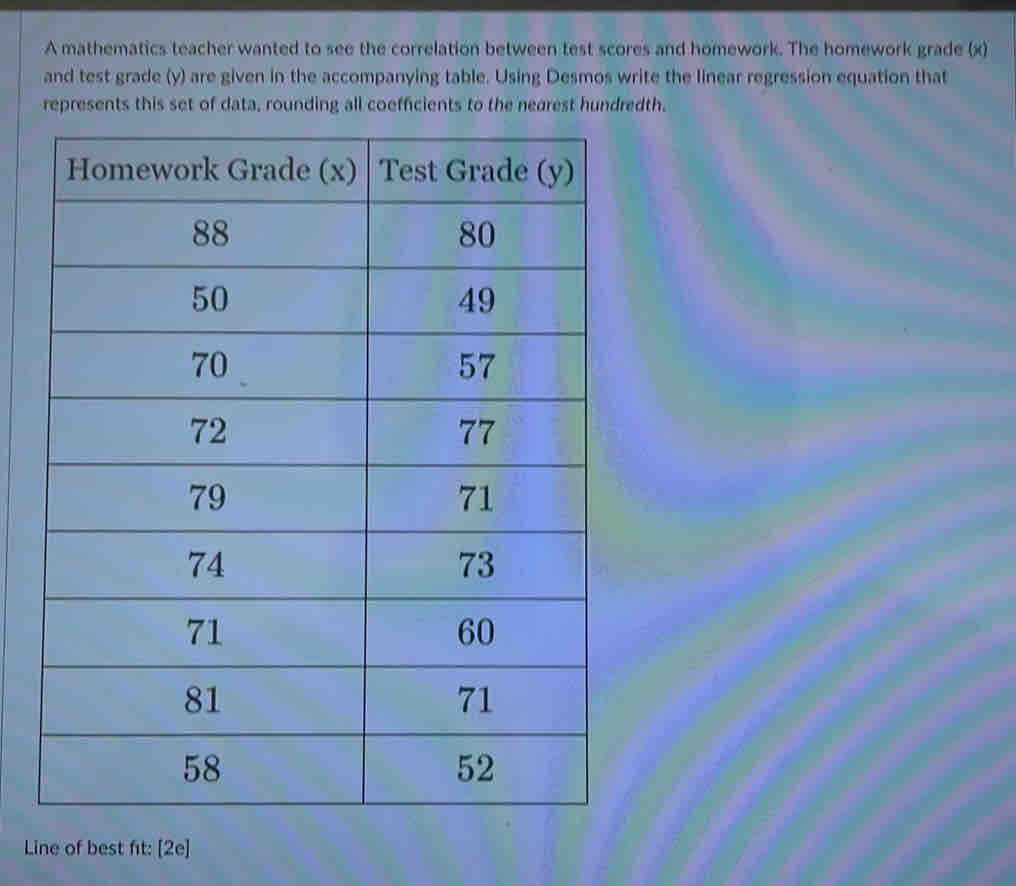 A mathematics teacher wanted to see the correlation between test scores and homework. The homework grade (x) 
and test grade (y) are given in the accompanying table. Using Desmos write the linear regression equation that 
represents this set of data, rounding all coefficients to the nearest hundredth. 
Line of best fit: [2e]