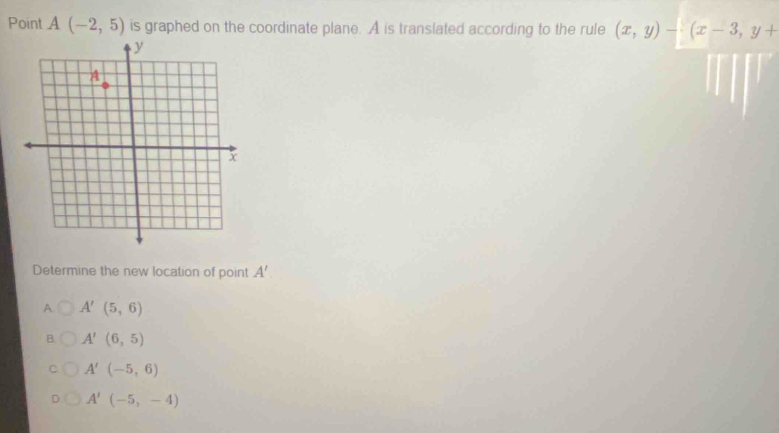 Point A(-2,5) is graphed on the coordinate plane. A is translated according to the rule (x,y)-(x-3,y+
Determine the new location of point A'.
A. A'(5,6)
A'(6,5)
A'(-5,6)
A'(-5,-4)