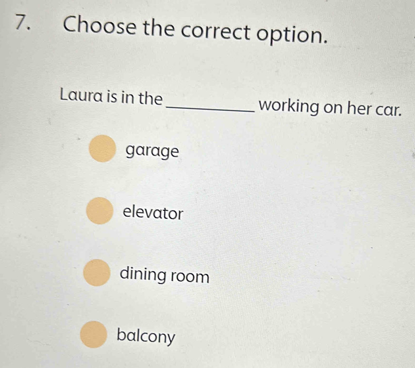 Choose the correct option.
Laura is in the _working on her car.
garage
elevator
dining room
balcony