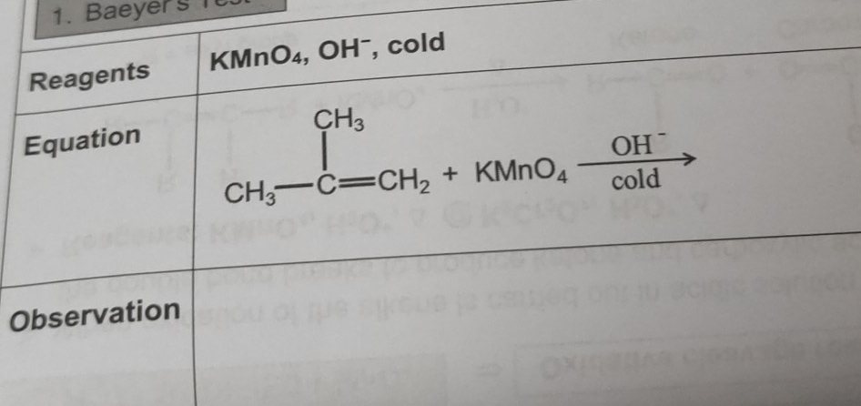 Baeyers i 
Reagents KMnO₄, OHˉ, cold 
Equation
_CH_3^CH_3-C=CH_2+KMnO_4xrightarrow OH^-
Observation