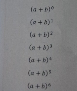 (a+b)^0
(a+b)^1
(a+b)^2
(a+b)^3
(a+b)^4
(a+b)^5
(a+b)^6