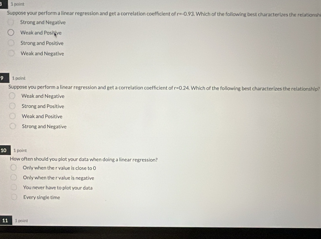 Suppose your perform a linear regression and get a correlation coefficient of r=-0.93. Which of the following best characterizes the relationsh
Strong and Negative
Weak and Positive
Strong and Positive
Weak and Negative
9 1 point
Suppose you perform a linear regression and get a correlation coefficient of r=0.24. Which of the following best characterizes the relationship?
Weak and Negative
Strong and Positive
Weak and Positive
Strong and Negative
10 1 point
How often should you plot your data when doing a linear regression?
Only when the r value is close to 0
Only when the r value is negative
You never have to plot your data
Every single time
11 1 point