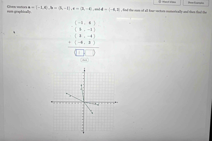 Watch Video Show Examples 
Given vectors a=langle -1,6rangle , b=langle 5,-1rangle , c=langle 3,-4rangle
sum graphically. , and d=langle -6,3rangle , find the sum of all four vectors numerically and then find the
beginarrayr beginpmatrix -1&6endpmatrix (5&-1) (3,-4) hline 3&-4 -4&3endpmatrix