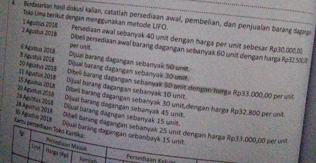 Berdasarkan hasil diskusi kalian, catatlah persediaan awal, pembelian, dan penjualan barang dagangan 
Tokō Lima berikut dengan menggunakan metode LIFO. 
1 Agustus 2018 Persediaan awal sebanyak 40 unit dengan harga per unit sebesar Rp30.000,00. 
2 Agustus 2018 Dibeli persediaan awal barang dagangan sebanyak 60 unit dengan harga Rp32.500, 0%
per unit.
6 Agustus 2018 Dijual barang dagangan sebanyak 50 unit.
8 Agustus 2018 Dijual barang dagangan sebanyak 30 unit.
10 Agustus 2018 Dibeli barang dagangan sebanyak 50 unit dengan harga Rp33.000,00 per unit
15 Agustus 2018 
11 Agustus 2018 Dijual barang dagangan sebanyak 10 unit.
20 Agustus 2018 Dijual barang dagangan sebanyak 45 unit. 
Dibeli barang dagangan sebanyak 30 unit dengan harga Rp32.800 per unit
28 Agustus 2018
24 Agustus 2018 Dijual barang dagngan sebanyak 15 unit.
30 Agustus 2018 
Kartu persédiaan Toko Kartika: 
Dibell barang dagangan sebanyak 25 unit dengan harga Rp33.000,00 per unit 
Tet 
Dijuäl baräng dagangan sebanbayk 15 unit 
Persediaán Mašuk 
Unit 
Harga (Rp) Jumiah 
Persediaan Keluár