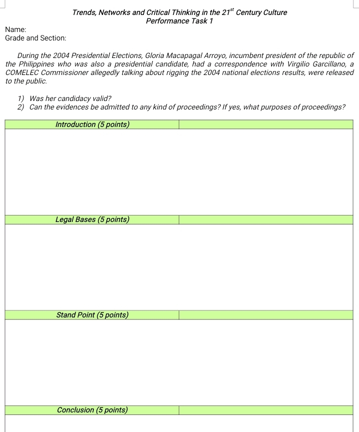 Trends, Networks and Critical Thinking in the 21^(st) Century Culture 
Performance Task 1 
Name: 
Grade and Section: 
During the 2004 Presidential Elections, Gloria Macapagal Arroyo, incumbent president of the republic of 
the Philippines who was also a presidential candidate, had a correspondence with Virgilio Garcillano, a 
COMELEC Commissioner allegedly talking about rigging the 2004 national elections results, were released 
to the public. 
1) Was her candidacy valid? 
?