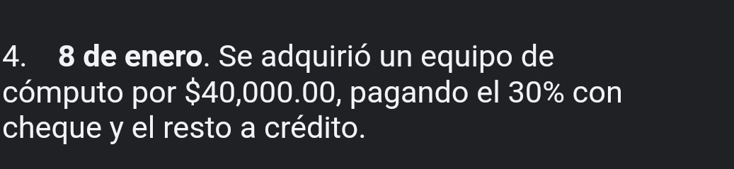 de enero. Se adquirió un equipo de 
cómputo por $40,000.00, pagando el 30% con 
cheque y el resto a crédito.