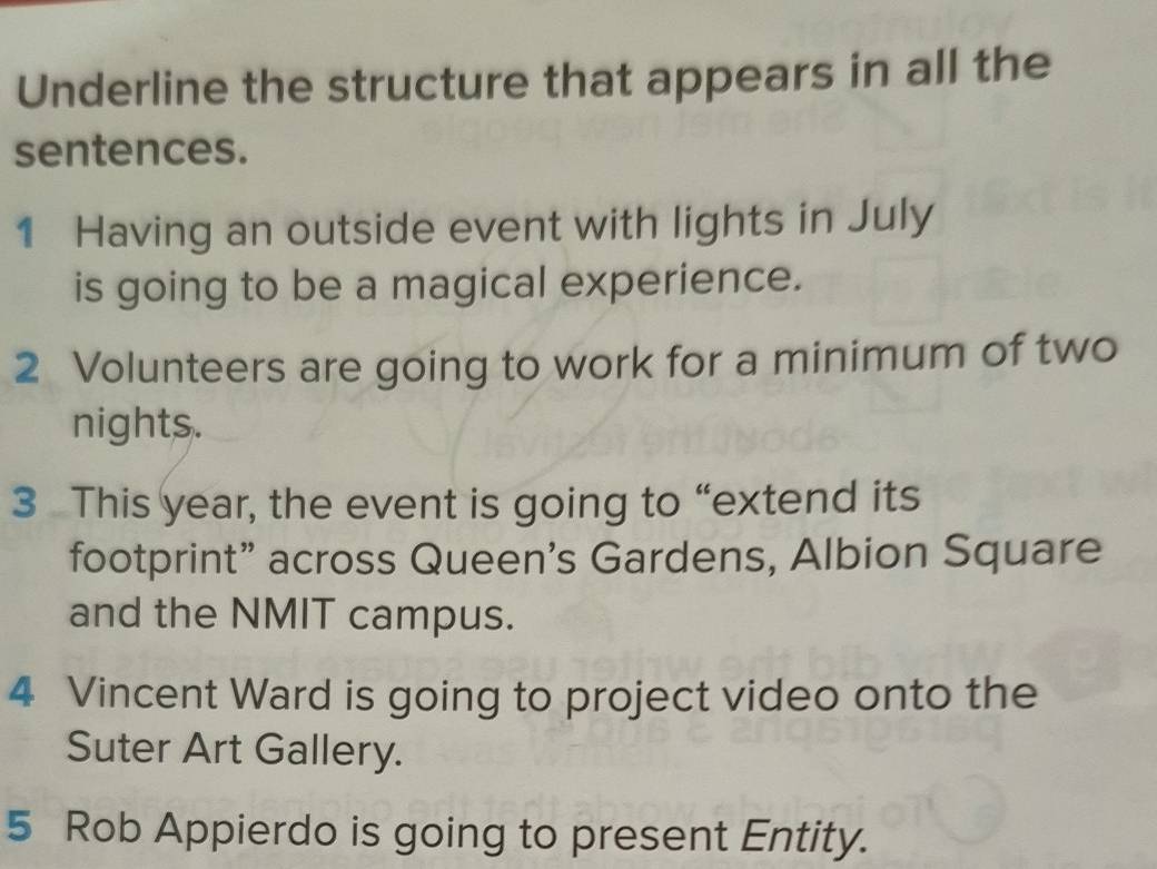 Underline the structure that appears in all the 
sentences. 
1 Having an outside event with lights in July 
is going to be a magical experience. 
2 Volunteers are going to work for a minimum of two 
nights. 
3 This year, the event is going to “extend its 
footprint” across Queen’s Gardens, Albion Square 
and the NMIT campus. 
4 Vincent Ward is going to project video onto the 
Suter Art Gallery. 
5 Rob Appierdo is going to present Entity.