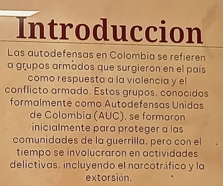 Introduccion 
Las autodefensas en Colombia se refieren 
a grupos armados que surgieron en el país 
como respuesta a la violencia y el 
conflicto armado. Estos grupos, conocidos 
formalmente como Autodefensas Unidas 
de Colombia (AUC), se formaron 
inicialmente para proteger a las 
comunidades de la guerrilla, pero con el 
tiempo se involucraron en actividades 
delictivas, incluyendo el narcotráfico y la 
extorsión.