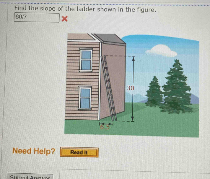 Find the slope of the ladder shown in the figure. 
60/7 
Need Help? Read It 
Suhmit Answer