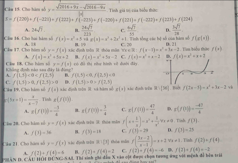 Cho hàm số y= (sqrt(2016+9x)-sqrt(2016-9x))/|x| .  Tính giá trị của biểu thức:
S=f(220)+f(-221)+f(222)+f(-223)+f(-220)+f(221)+f(-222)+f(223)+f(224)
A. 24sqrt(7). B.  24sqrt(7)/223 . C.  6sqrt(7)/55 . D.  3sqrt(7)/28 .
Câu 16. Cho hai hàm số f(x)=x^2+5 và g(x)=x^3+2x^2+1. Tính tổng các hệ số của hàm số f(g(x)).
A. 18 B. 19 C. 20 D. 21
Câu 17. Cho hàm số y=f(x) xác định trên R thỏa mãn forall x∈ R:f(x-1)=x^2+3x-2. Tìm biểu thức f(x).
A. f(x)=x^2+5x+2 B. f(x)=x^2+5x-2 C. f(x)=x^2+x-2 D. f(x)=x^2+x+2
Câu 18. Cho hàm số y=f(x) có đồ thị như hình vẽ dưới đây.
Khẳng định nào sau đây là đúng?
A. f(1,5)<0<f(2,5) B. f(1,5)<0,f(2,5)<0</tex>
C. f(1,5)>0,f(2,5)>0 D. f(1,5)>0>f(2,5)
Câu 19. Cho hàm số f(x) xác định trên R và hàm số g(x) xác định trên R/ 36. Biết f(2x-5)=x^2+3x-2 và
. g(5x+1)= x/x-7 . Tính g(f(1)).
A. g(f(1))= (-3)/4  B. g(f(1))= 3/4  C. g(f(1))= 47/4  D. g(f(1))= (-47)/4 
Câu 20. Cho hàm số y=f(x)xac định trên R thỏa mãn f(x+ 1/x )=x^3+ 1/x^3 forall x!= 0. Tính f(3).
A. f(3)=36 B. f(3)=18 C. f(3)=29 D. f(3)=25
Câu 21. Cho hàm số y=f(x)xa c định trên R| 3 thòa mãn f( (3x-2)/x-1 )=x+2forall x!= 1. Tính f(2)+f(4).
A. f(2)+f(4)=6 B. f(2)+f(4)=2 C. f(2)+f(4)=-6 D. f(2)+f(4)=-2
PHẢN D. CÂU HÔI ĐÚNG-SAI. Thí sinh ghi dấu X vào cột được chọn tương ứng với mệnh đề bên trái
nh đề sau đúng hay sai?