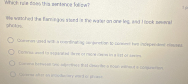 Which rule does this sentence follow? 1ρ
We watched the flamingos stand in the water on one leg, and I took several
photos.
Commas used with a coordinating conjunction to connect two independent clauses
Comma used to separated three or more items in a list or series.
Comma between two adjectives that describe a noun without a conjunction
Comma after an introductory word or phrase.