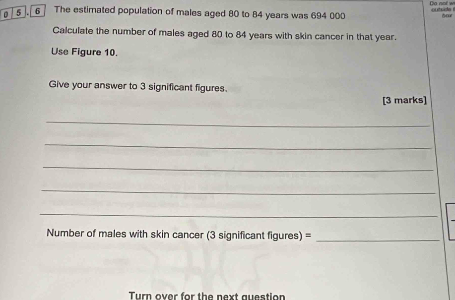 Do not w 
outside ! 
0 5 6 The estimated population of males aged 80 to 84 years was 694 000
box 
Calculate the number of males aged 80 to 84 years with skin cancer in that year. 
Use Figure 10. 
Give your answer to 3 significant figures. 
[3 marks] 
_ 
_ 
_ 
_ 
_ 
Number of males with skin cancer (3 significant figures) =_ 
Turn over for the next auestion