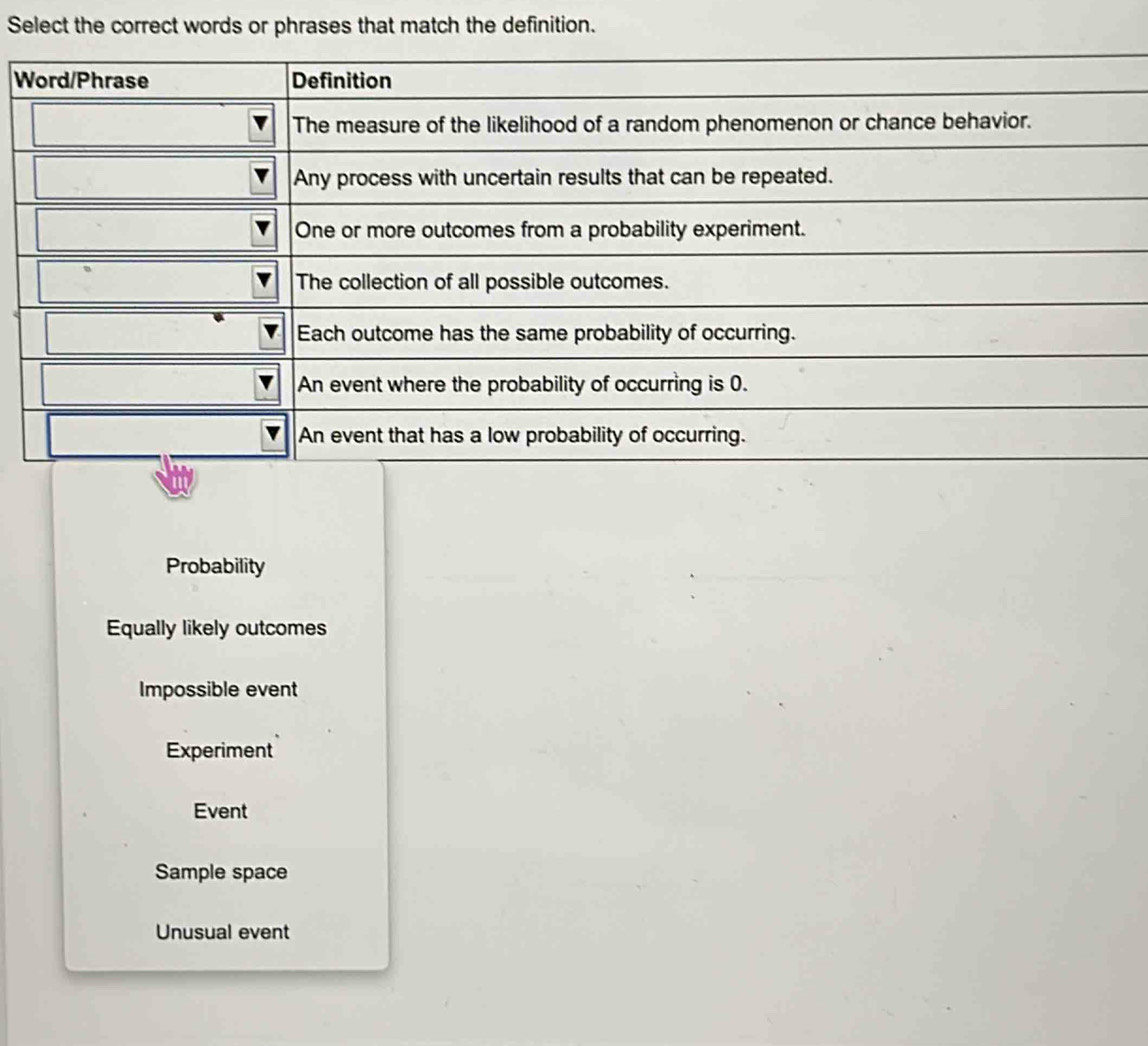 Solved: Select the correct words or phrases that match the definition ...