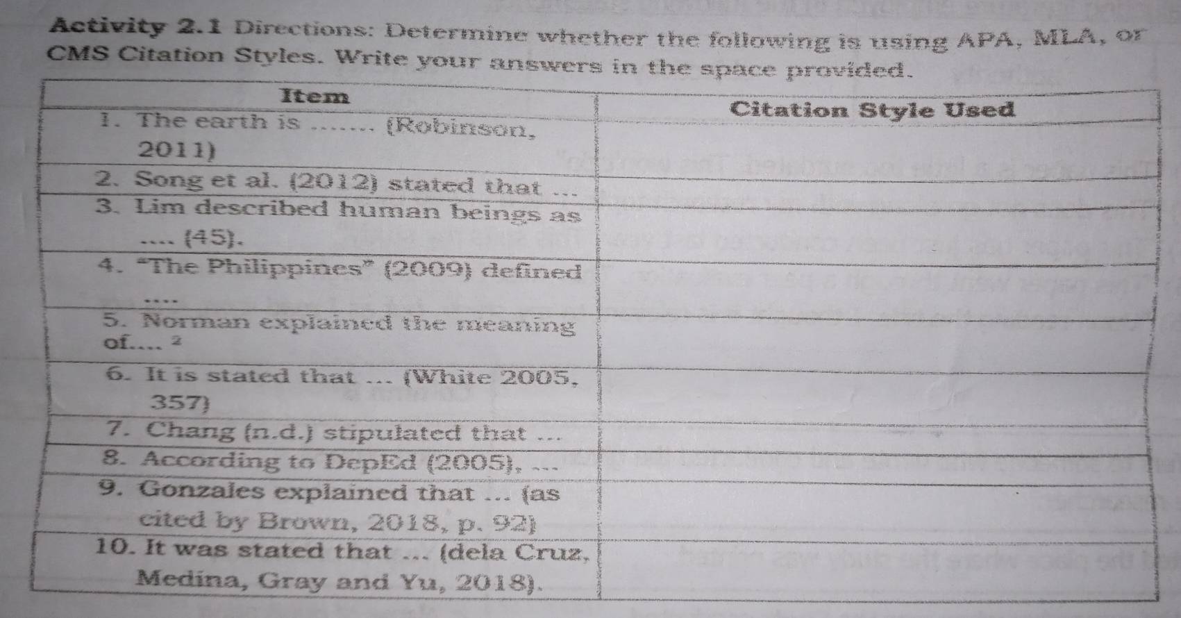 Activity 2.1 Directions: Determine whether the following is using APA, MLA, or 
CMS Citation Styles. Write yo