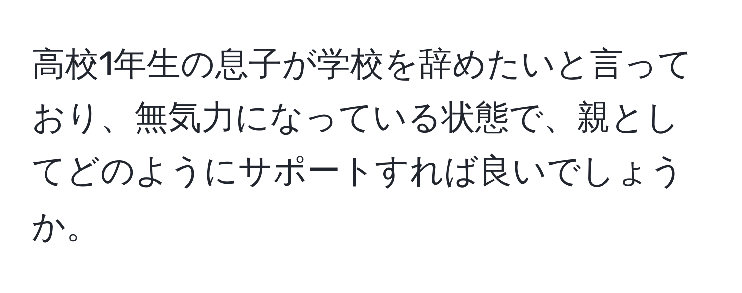 高校1年生の息子が学校を辞めたいと言っており、無気力になっている状態で、親としてどのようにサポートすれば良いでしょうか。