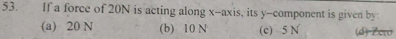 Solved: If a force of 20N is acting along x-axis, its y -component is ...