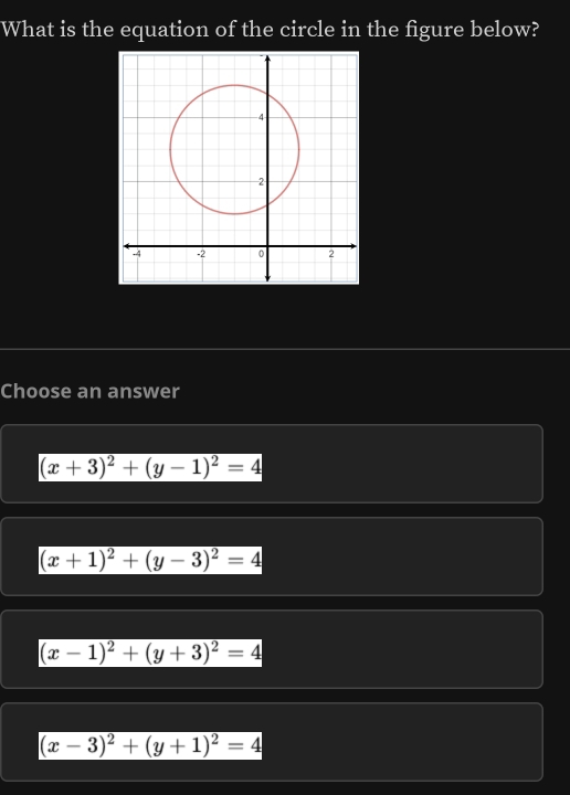 What is the equation of the circle in the figure below?
Choose an answer
(x+3)^2+(y-1)^2=4
(x+1)^2+(y-3)^2=4
(x-1)^2+(y+3)^2=4
(x-3)^2+(y+1)^2=4