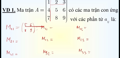 VD 1. Ma trận A=beginbmatrix 1&2&3 4&5&6 7&8&9endbmatrix có các ma trận con ứng 
với các phần tử a_ij là: