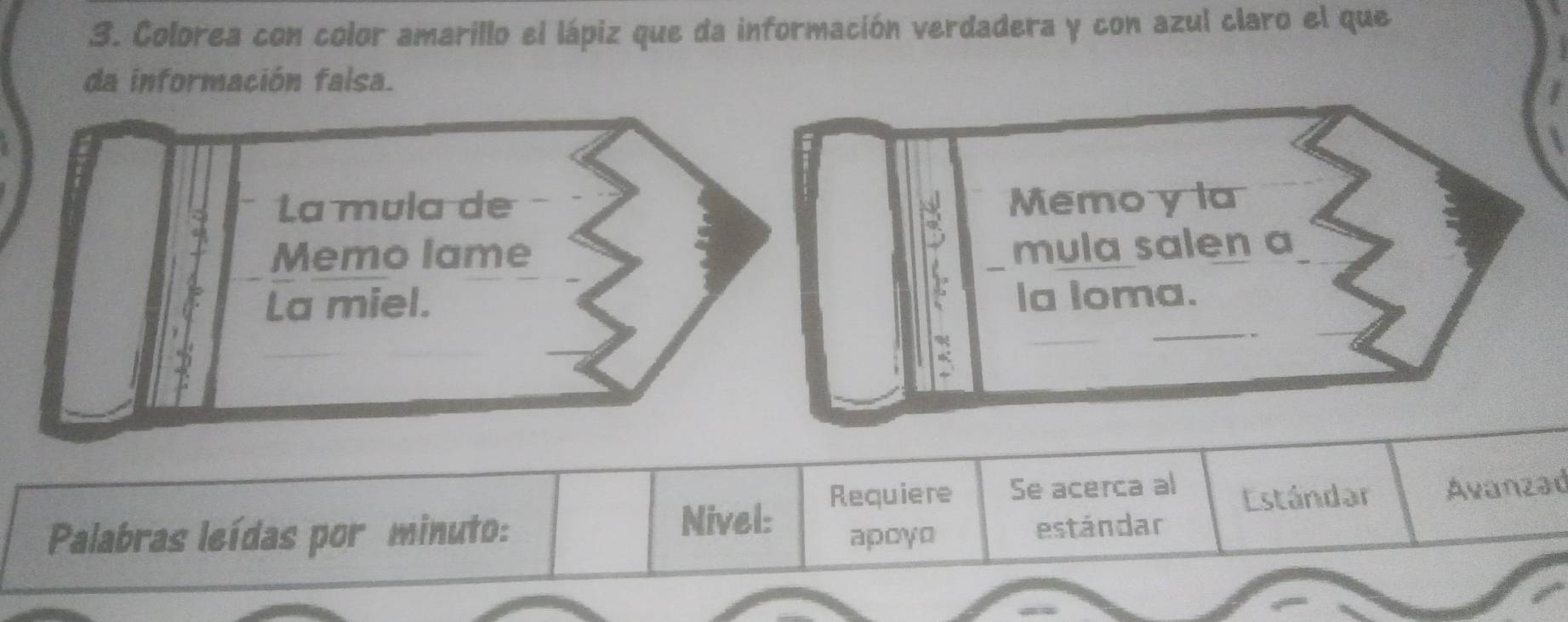 Colorea con color amarillo el lápiz que da información verdadera y con azul claro el que 
da información falsa. 
La mula de 
Memo lame 
La miel. 
1 
_ 
Requiere Se acerca al Estándar 
Nivel: Avanzad 
Palabras leídas por minuto: apoyo estándar