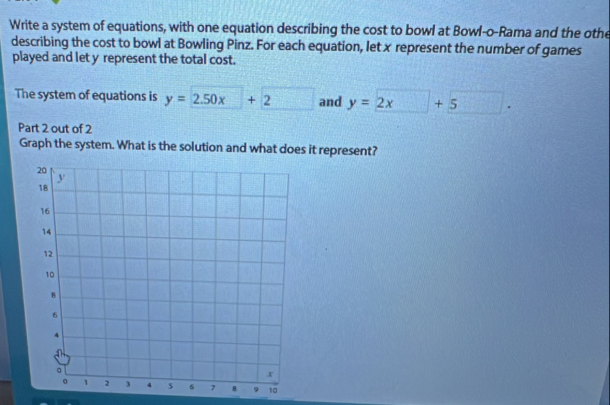 Write a system of equations, with one equation describing the cost to bowl at Bowl-o-Rama and the othe
describing the cost to bowl at Bowling Pinz. For each equation, let x represent the number of games
played and let y represent the total cost.
The system of equations is y=2.50x+2 and y=2x+5□ . 
Part 2 out of 2
Graph the system. What is the solution and what does it represent?