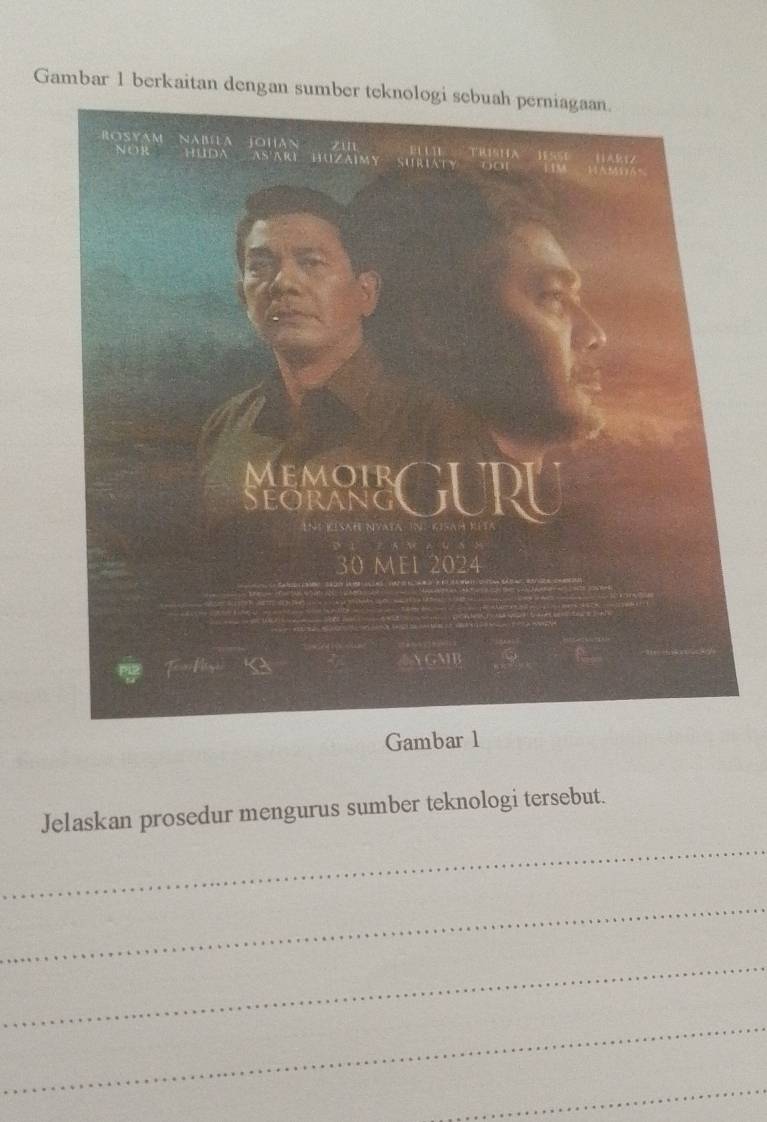 Gambar 1 berkaitan dengan sumber teknologi sebuah perniagaan. 
Gambar 1 
Jelaskan prosedur mengurus sumber teknologi tersebut. 
_ 
_ 
_ 
_ 
_